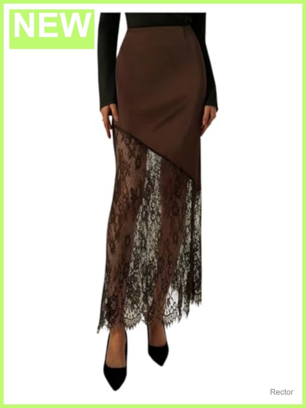 Satin Lace High Waisted A-Line Long Skirt Elegant Floral Lace Trim